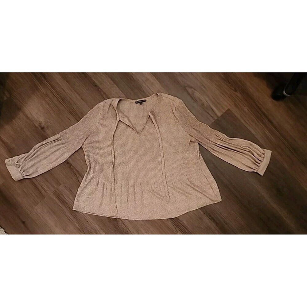 Adrianna Papell Womens Size Small Blouse Tan Mini Polka Dots Tunic Long Sleeve